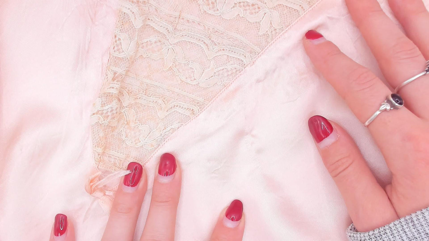 1940s Blush Pink Silk Satin Nightgown Lace Trim Ribbon Tie Small S
