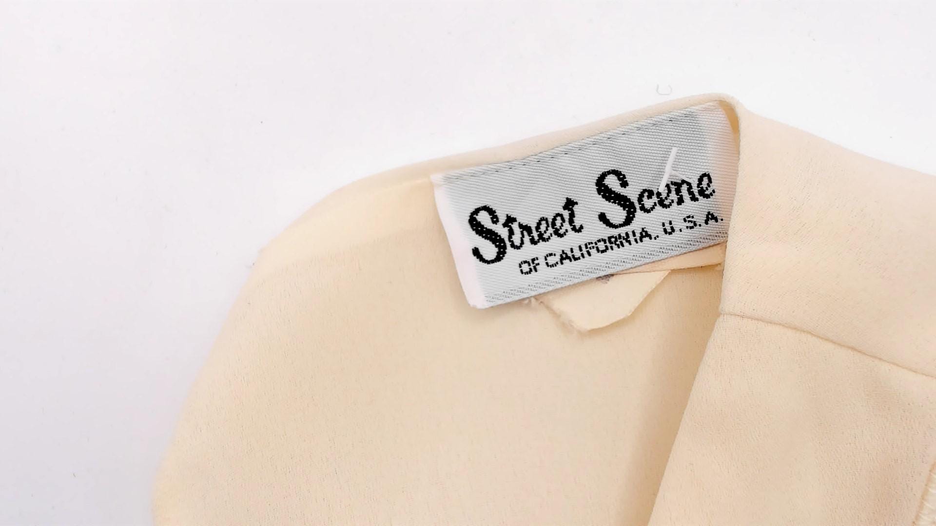 80s Street Scene Cream Chiffon Dress Bishop Sleeve V-Trim Knee-Length Small S