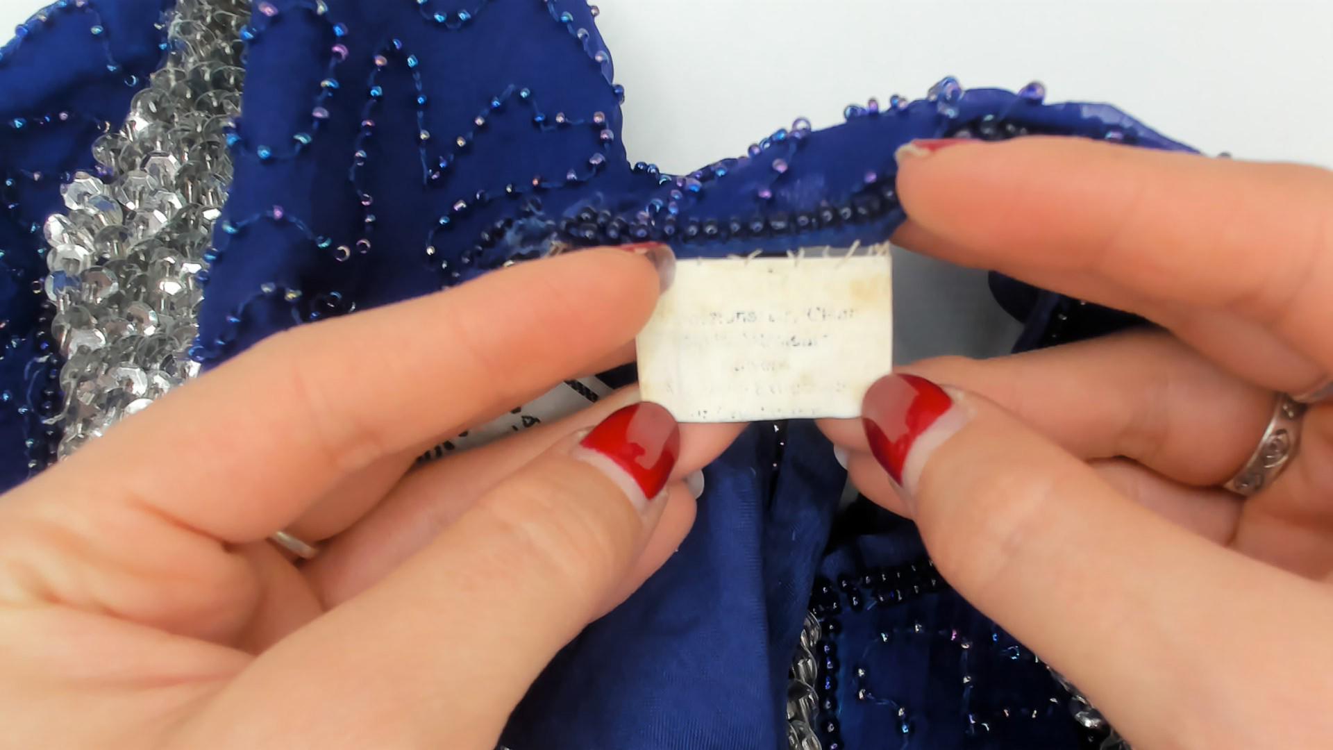 80s Stenay Cobalt Blue Silver Sequin Silk Cocktail Dress Keyhole Back Medium M