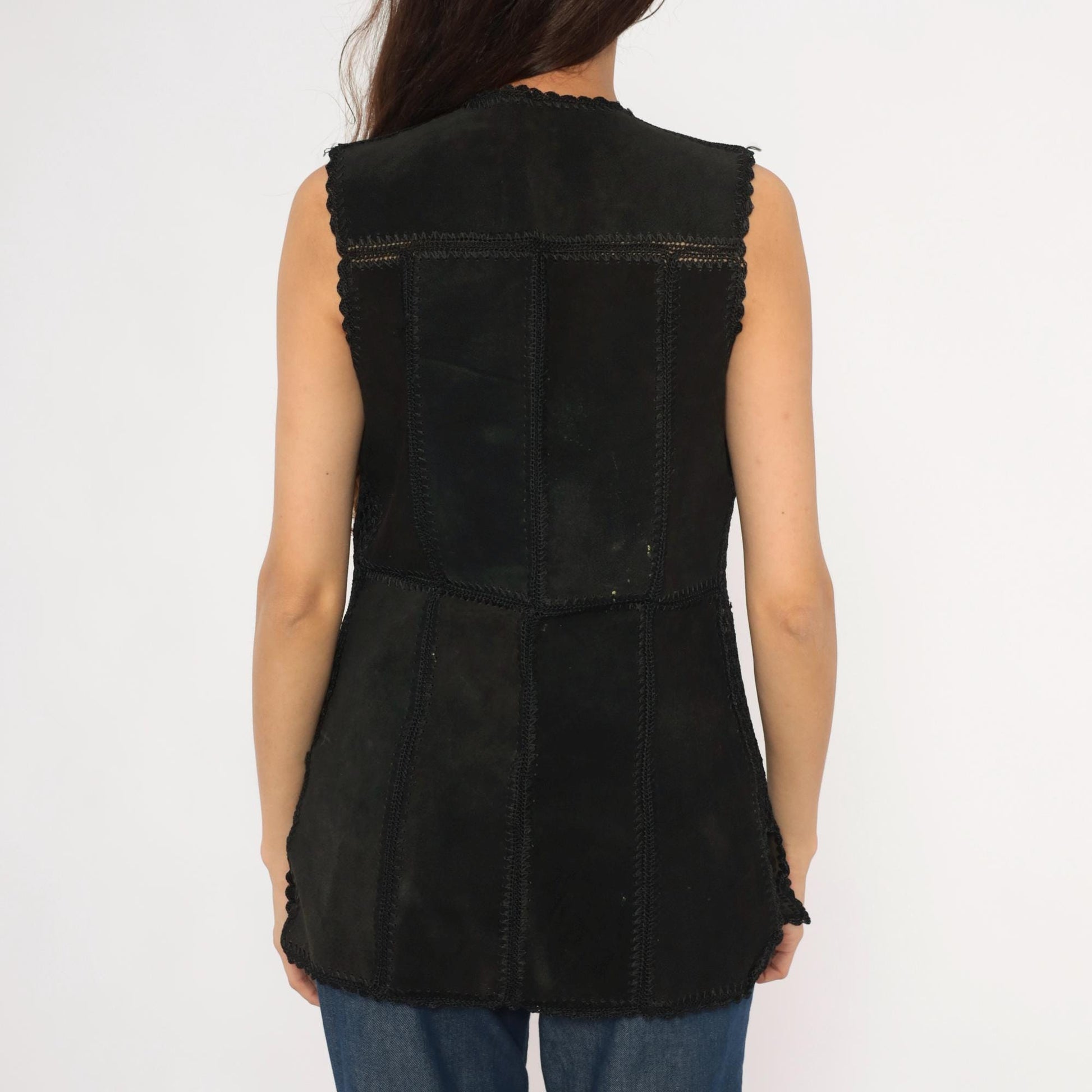 90s Reversible Black Suede Lace Vest Floral Crochet Trim Medium M