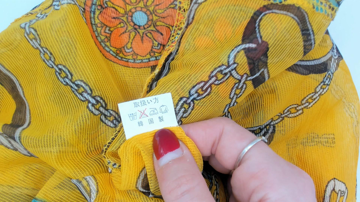 2000s Equestrian Chain Belt Print Sheer Blouse Mustard Gold Long Sleeve Large L