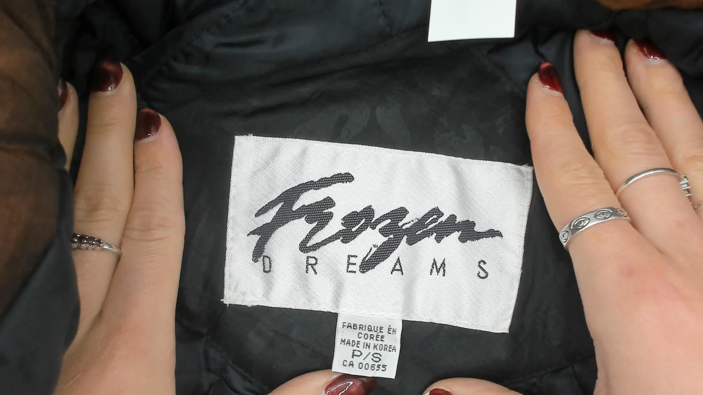 90s Frozen Dreams Velvet Patchwork Puffer Jacket Black Burgundy Extra Small