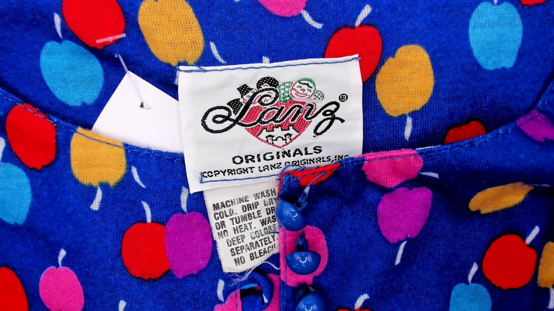 80s Lanz Originals Apple Print Babydoll Dress Blue Puff Sleeve Mini Small S