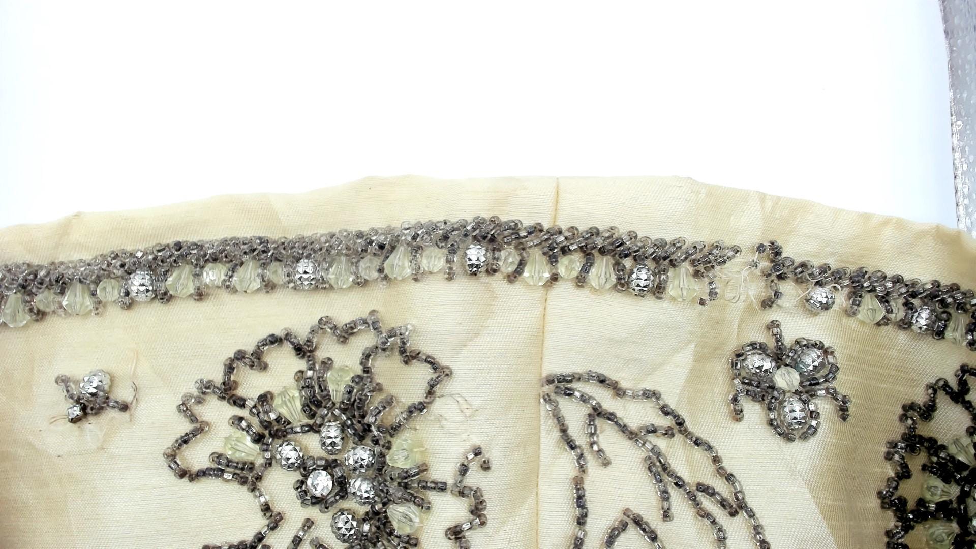 60s Miss Elliette Cream Shift Dress Silver Beaded Floral Mock Neck Mini Medium M