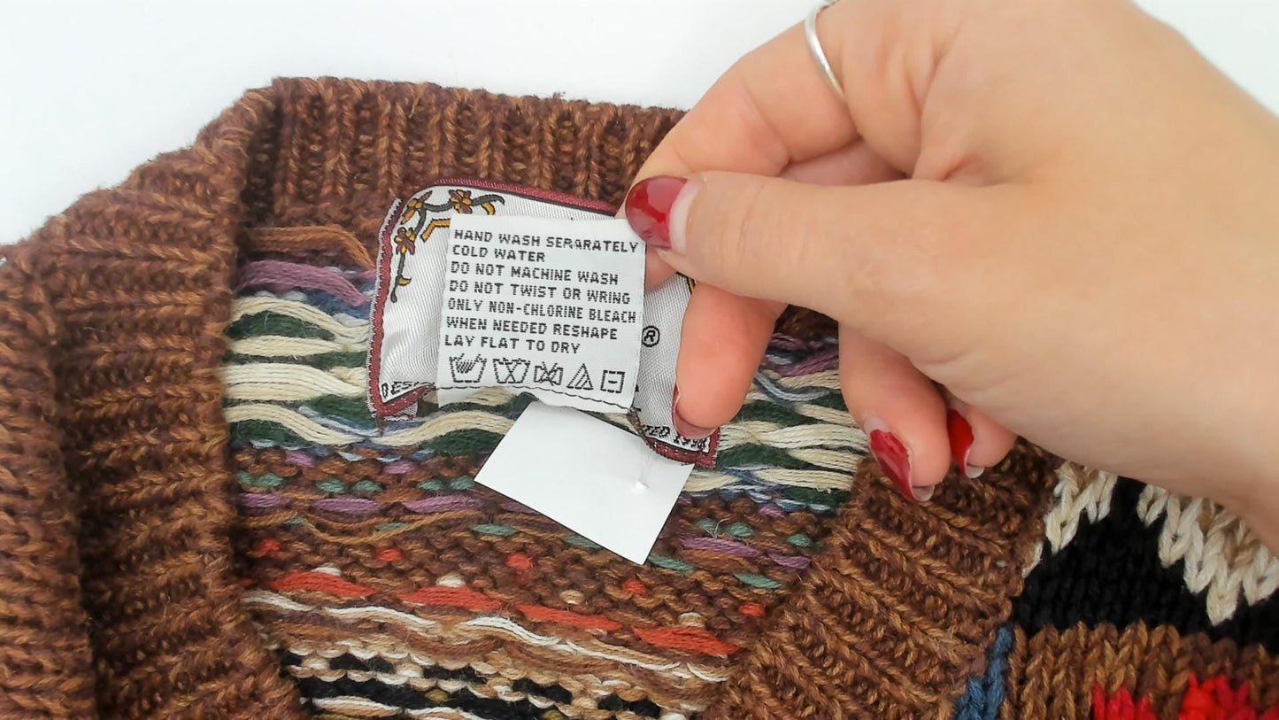 90s Tiara International Patchwork Cardigan Floral Fair Isle Knit Brown Small