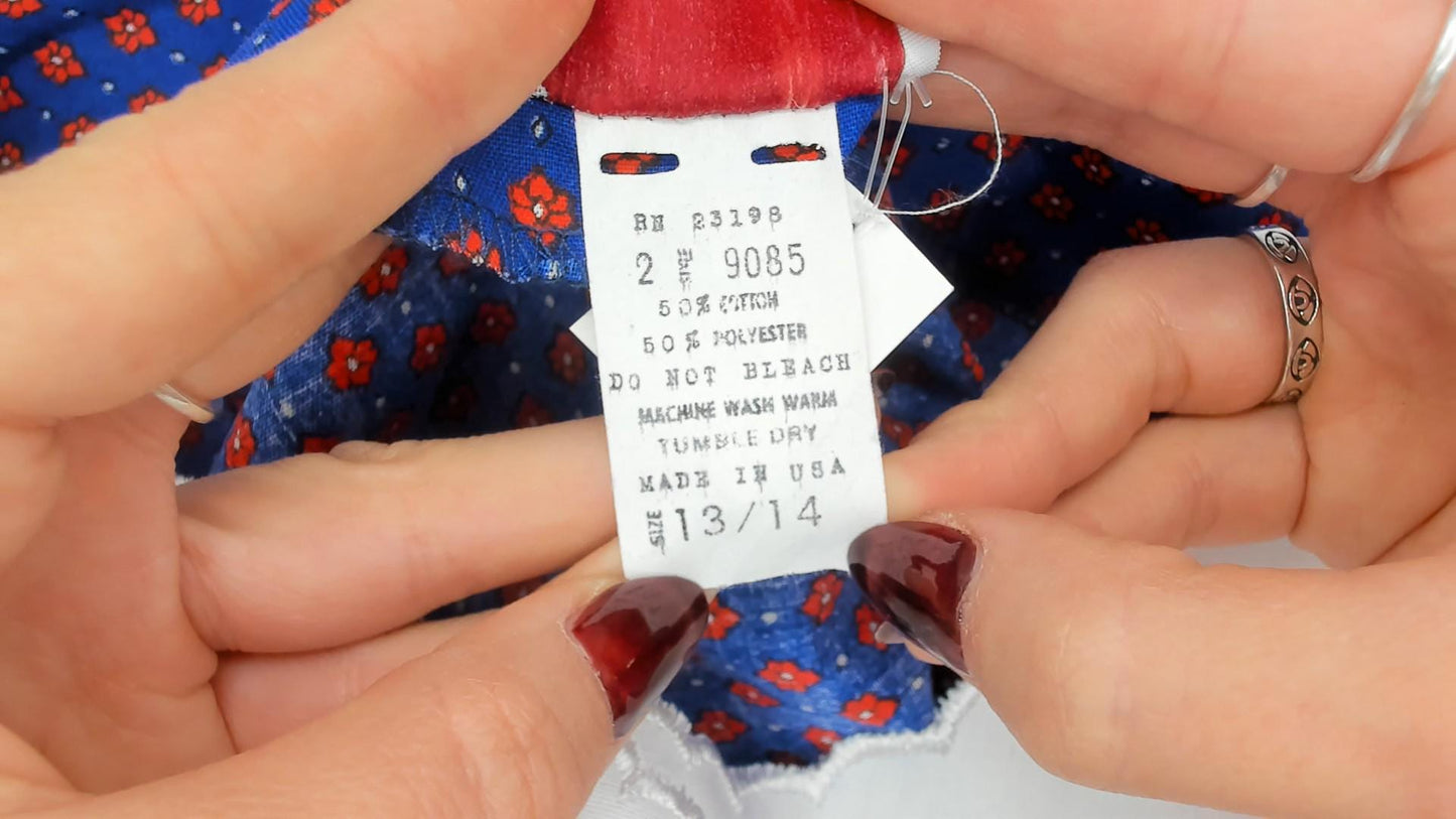 80s Maternity Calico Floral Shift Dress Blue Red Puff Sleeve Bib Collar Medium M
