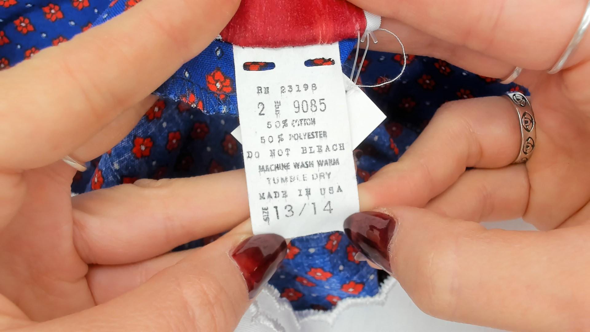 80s Maternity Calico Floral Shift Dress Blue Red Puff Sleeve Bib Collar Medium M