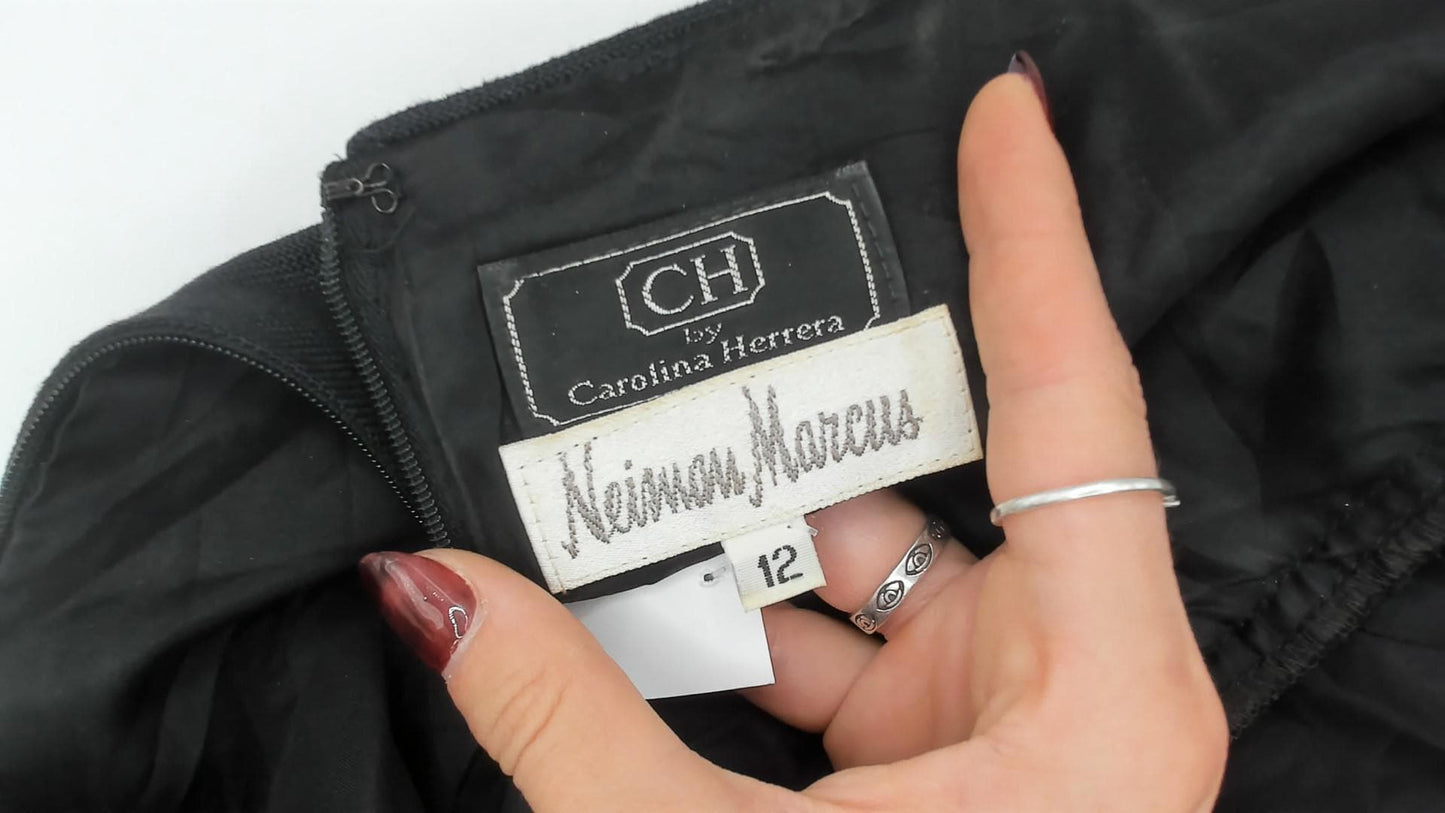 80s Carolina Herrera Black Knee-Length Dress Drop Waist Pleated Ruffle Medium