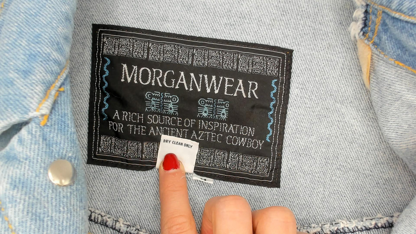 90s Morganwear Denim Jacket Suede Fringe Light Wash Lace-Up Back Medium M
