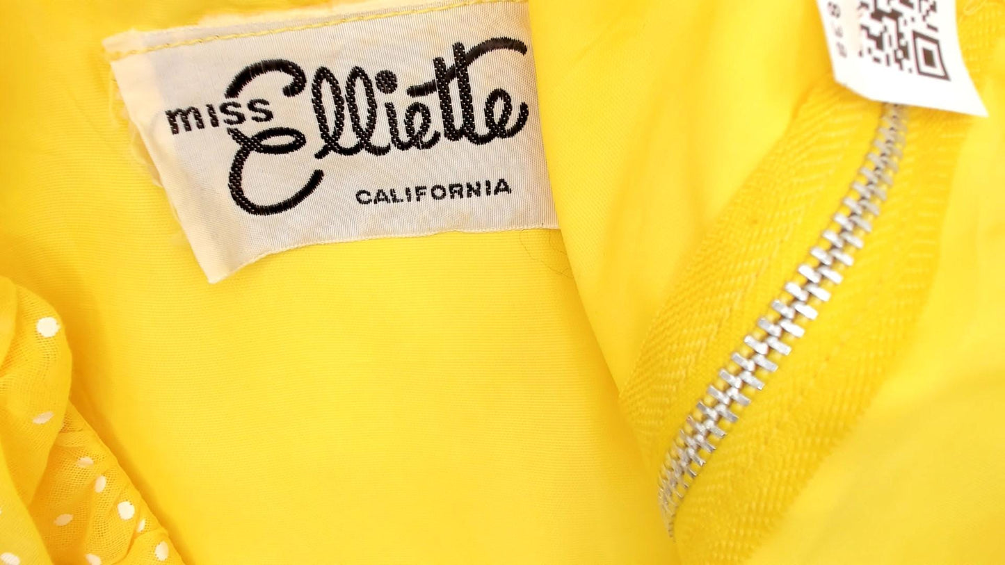 70s Miss Elliette Yellow Polka Dot Maxi Dress Ruffled V-Neck Medium M