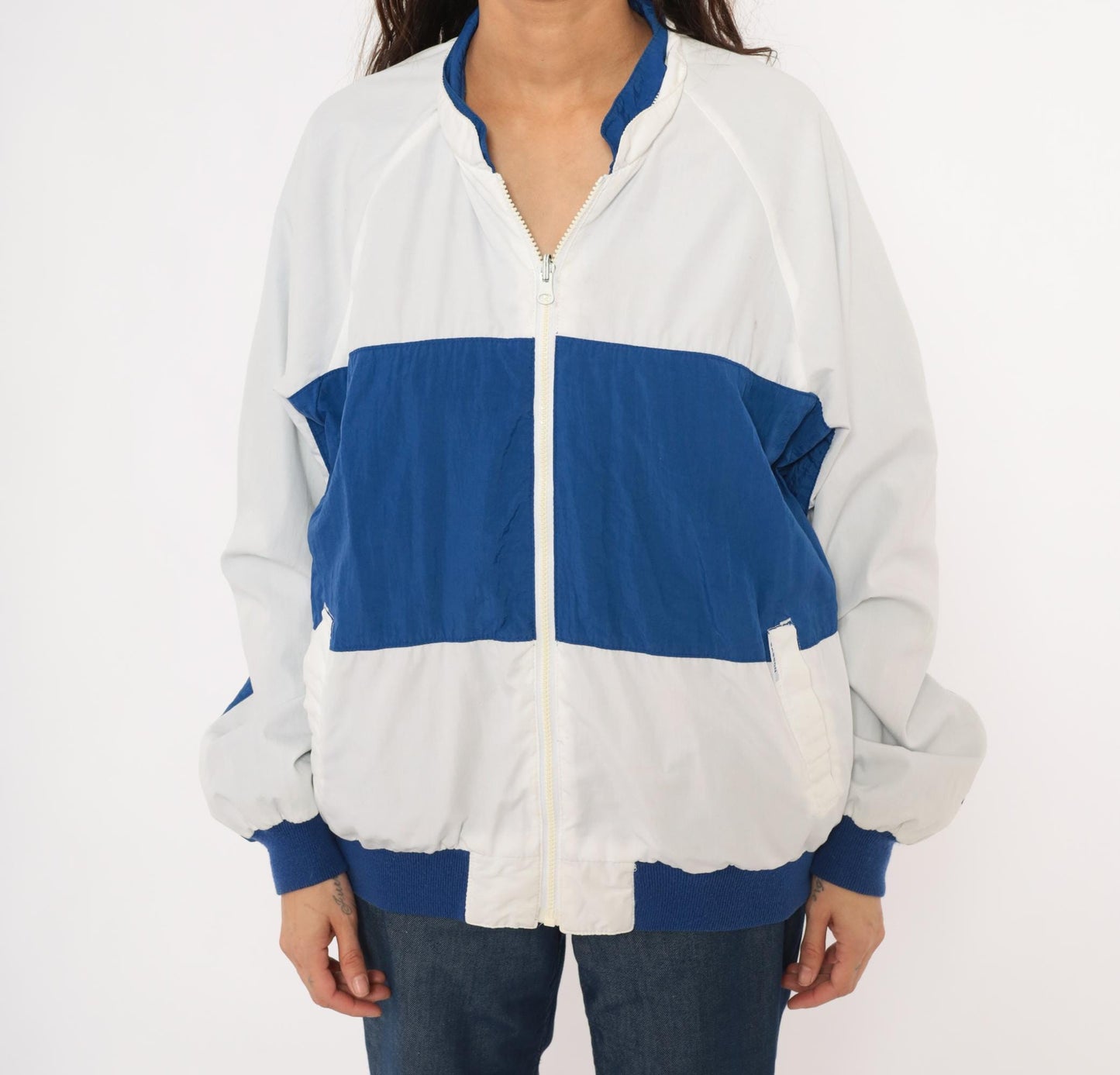 80s Sasson Reversible Windbreaker Blue White Colorblock Raglan Jacket Large