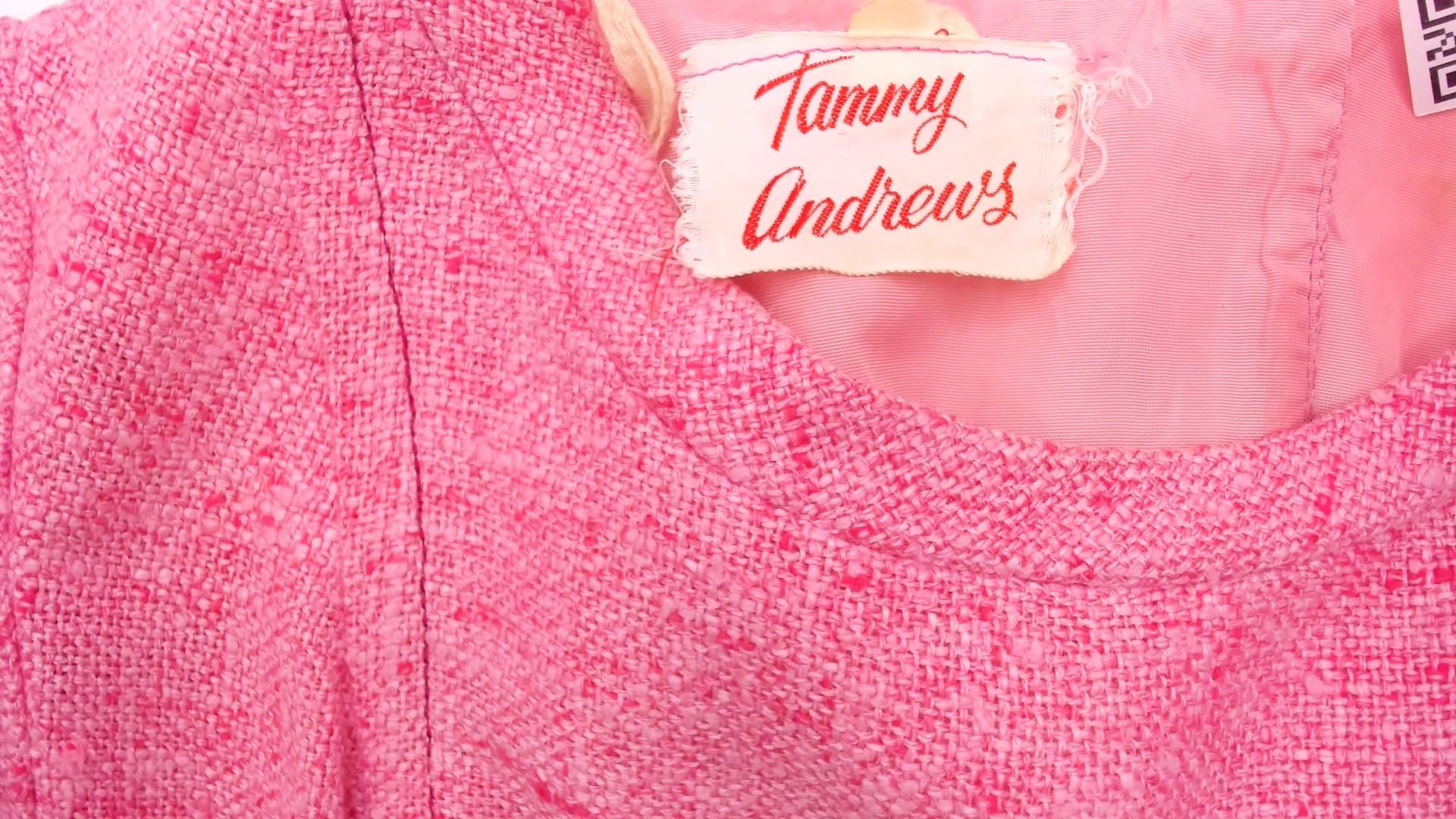 60s Pink Tweed Blouse Scoop Neck Bow Detail Fitted Waist Cotton Small