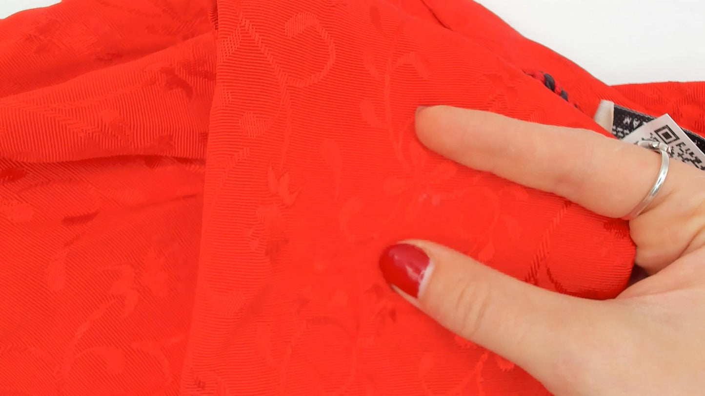 90s SL Petites Red Jacquard Wrap Blouse Floral Vine Embossed Small S