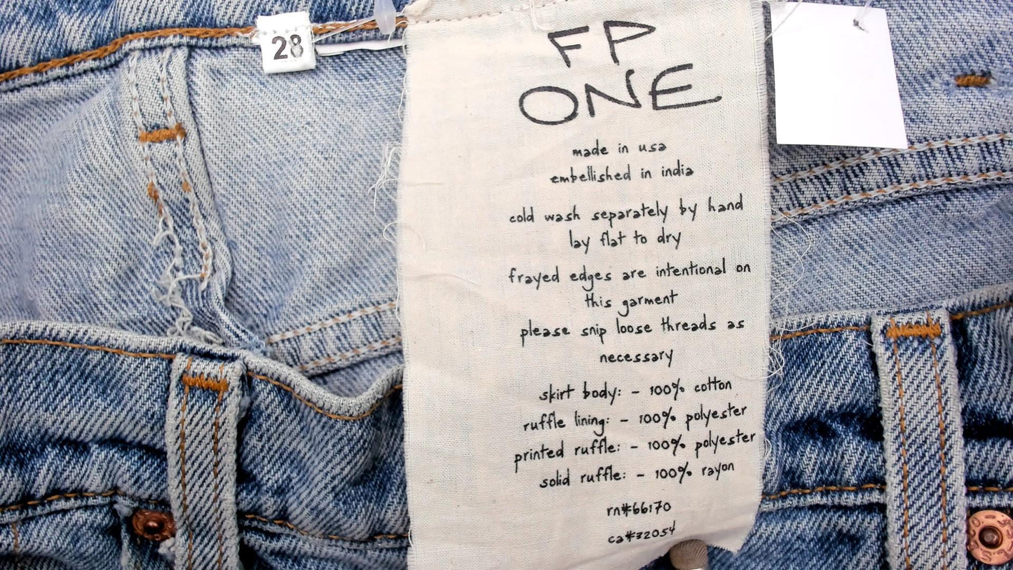 00s FP One Free People Patchwork Denim Maxi Skirt Light Wash Ruffled Small