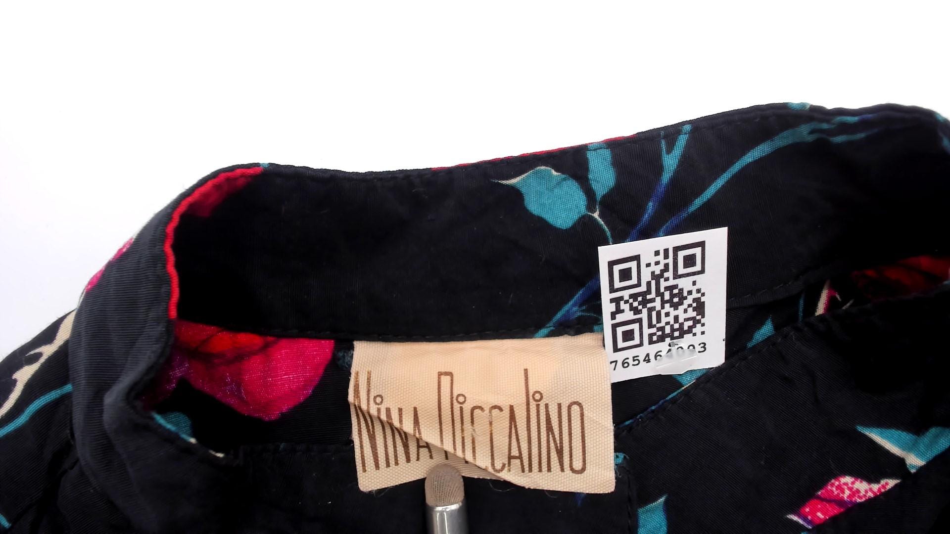 90s Nina Piccalino Black Midi Dress Red Rose Print Mandarin Collar Large L