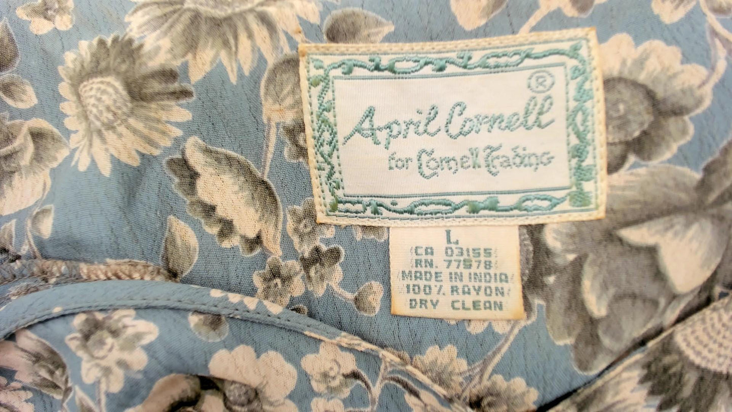90s April Cornell Floral Maxi Dress Teal Cream V-Neck Short Sleeve Large L