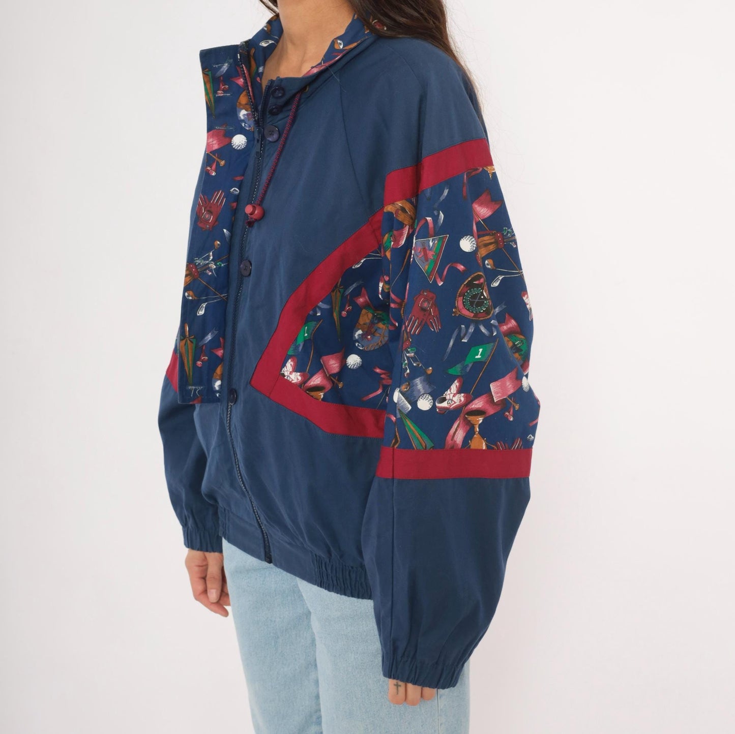 90s Line-Up Golf Print Windbreaker Navy Nylon Jacket Red Color Block Medium