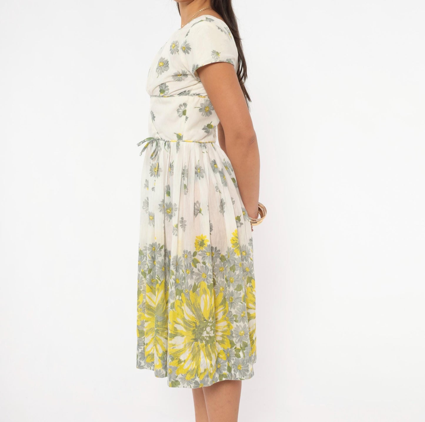 60s Daisy Print Fit And Flare Dress White Yellow Cotton Cap Sleeve Extra Small XS