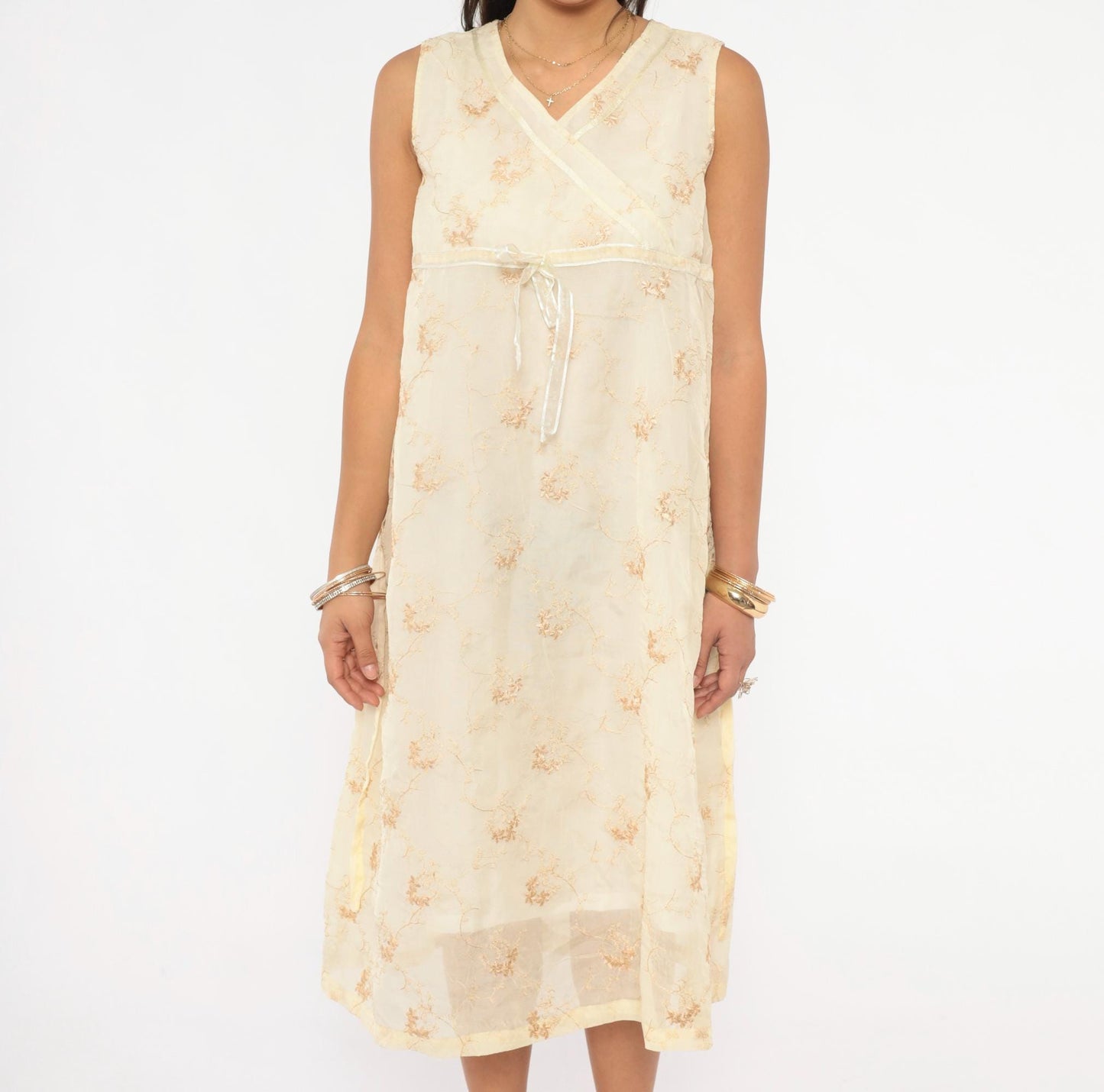 Y2K Nice Mommy Cream Organza Floral Embroidered Dress Gold Vine Knee Length Large L