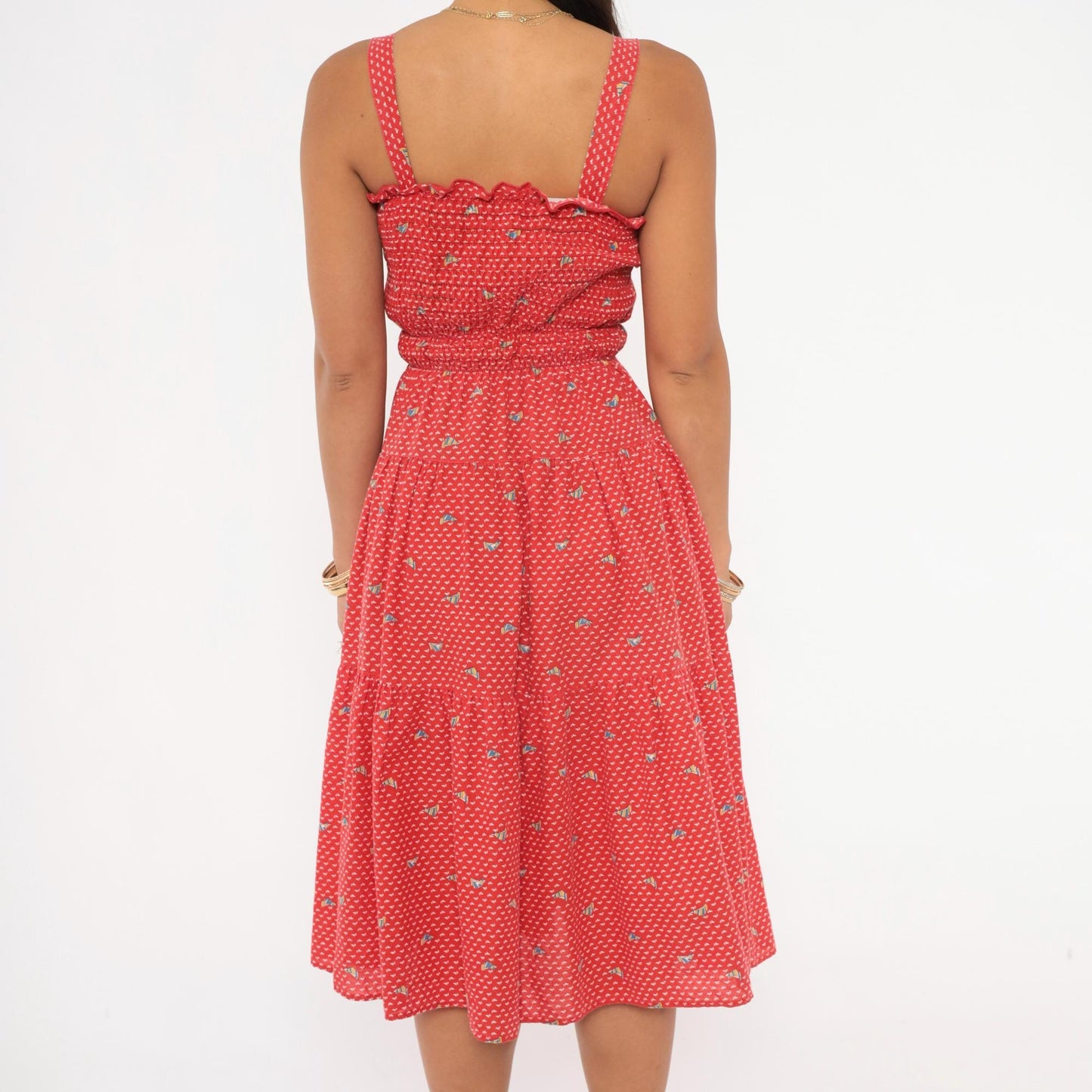 70s Red Sailboat Print Sundress Smocked Bodice Cotton Knee Length Medium M