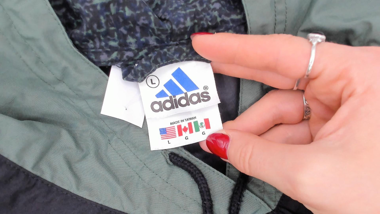 90s Adidas Pullover Windbreaker Black Olive Green Three Stripe Hooded Anorak Large L
