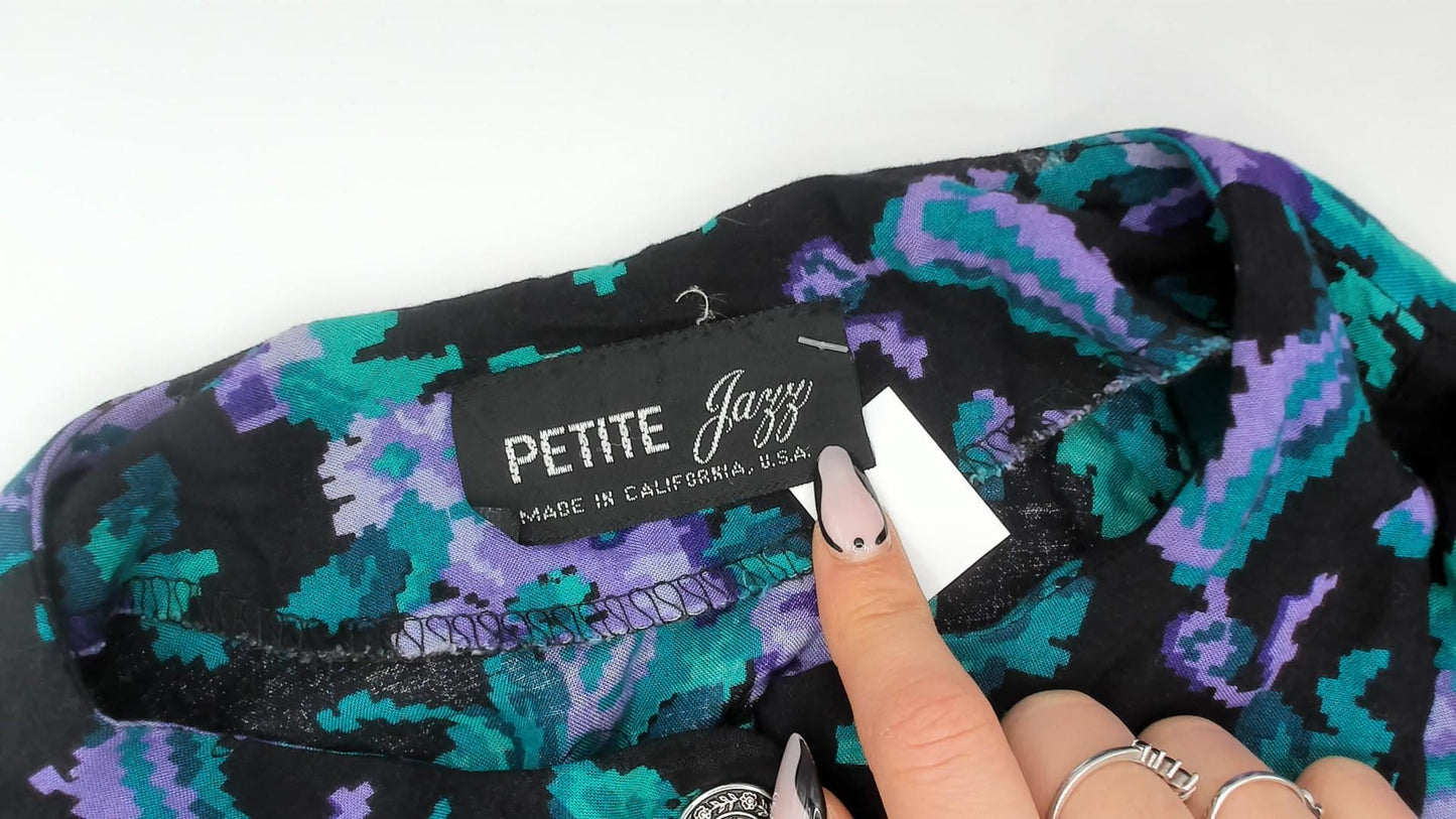 90s Petite Jazz Floral Sheath Dress Puff Sleeve V-Neck Black Teal Purple Extra Small XS