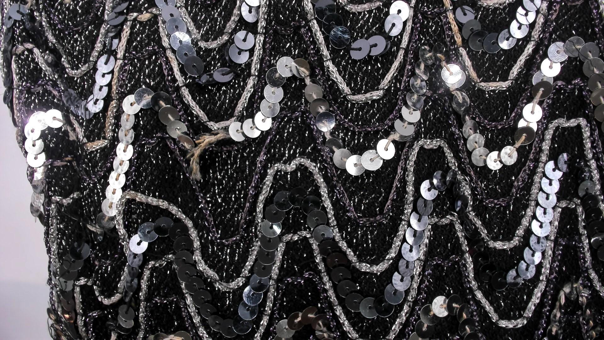 90s Erica Scott Silver Sequin Maxi Dress Chevron Black Plus Size XXL