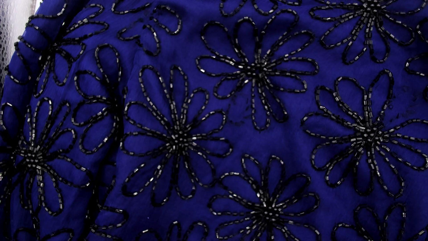 90s Stenay Silk Cropped Jacket Navy Beaded Floral Sequin Small