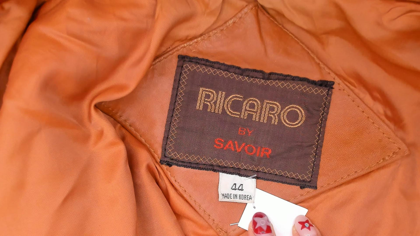 70s Ricaro Cognac Leather Jacket Western Scalloped Yoke Zip Bomber Extra Large XL