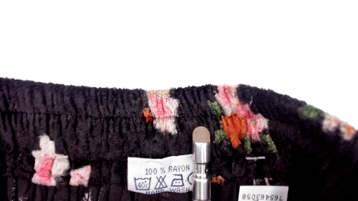 90s Xford Black Crushed Velvet Maxi Skirt Pink Floral Print One Size