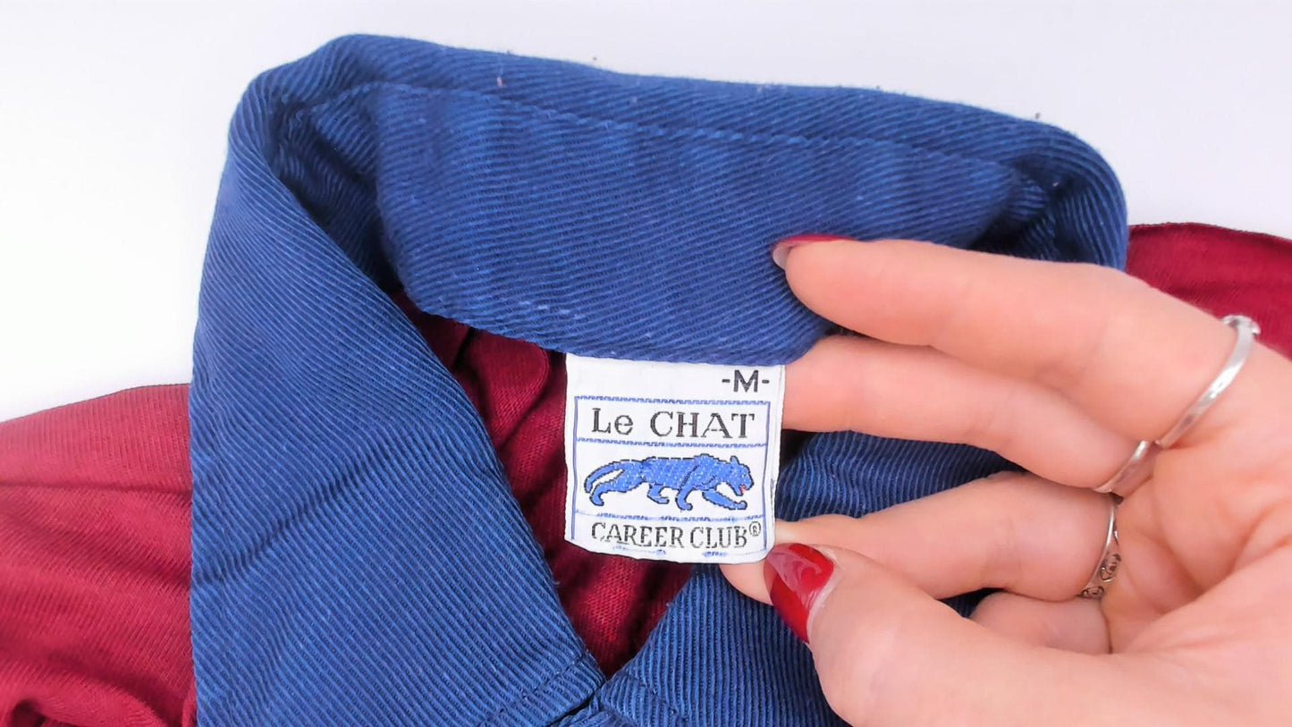80s Burgundy Navy Stripe Cropped Rugby Polo Cotton Small Medium