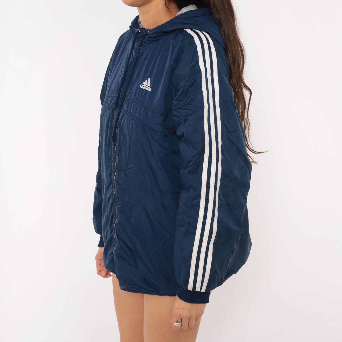 90s Adidas Reversible Windbreaker Hoodie Navy Grey Three Stripe Jacket Large L