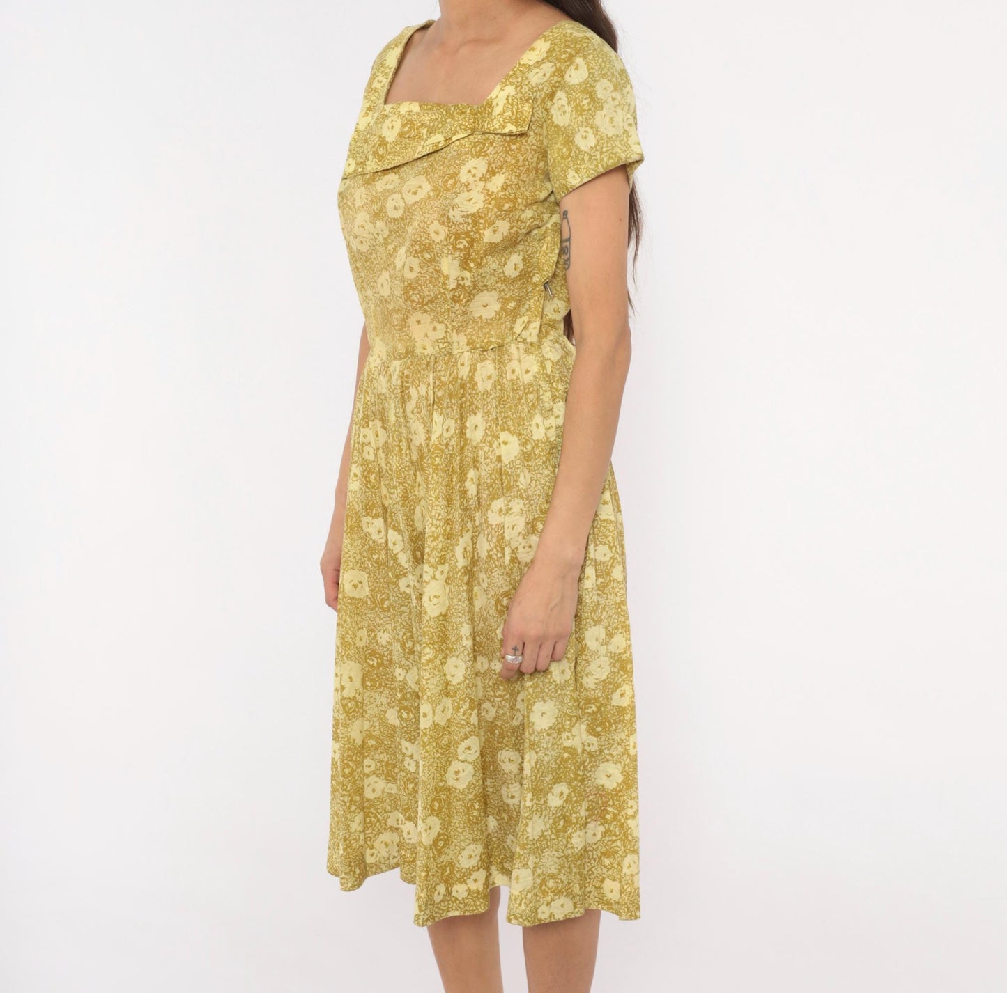 60s Annetta New York Floral Dress Square Neckline Pleated Full Skirt Medium