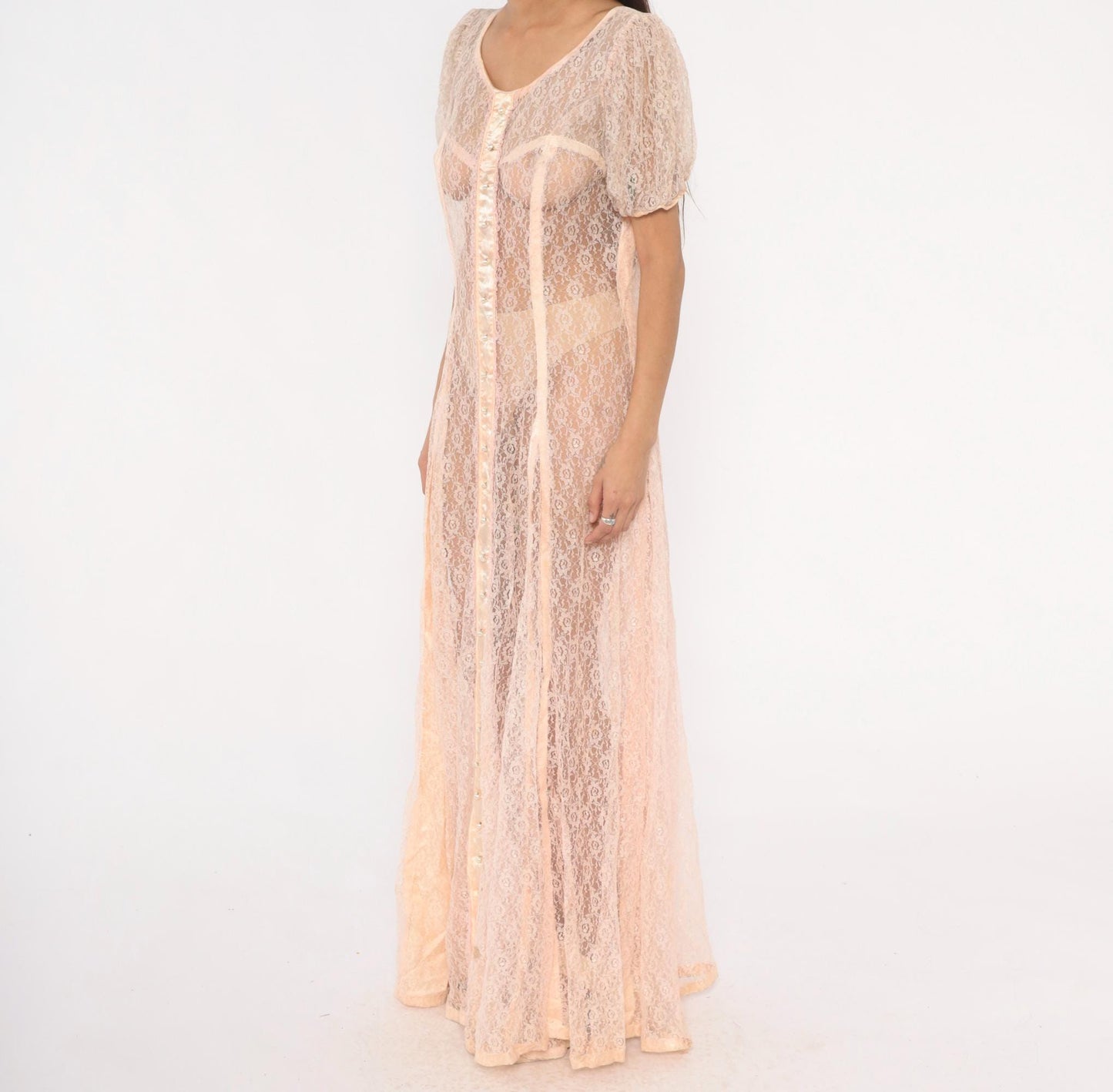1950s Blush Pink Sheer Lace Maxi Gown Puff Sleeve Corset Bodice Large L