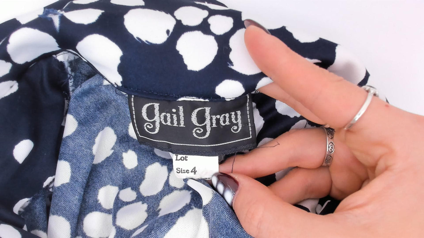 70s Gail Gray Navy Polka Dot Wrap Dress V Neck Button Front Knee Length Extra Small XS