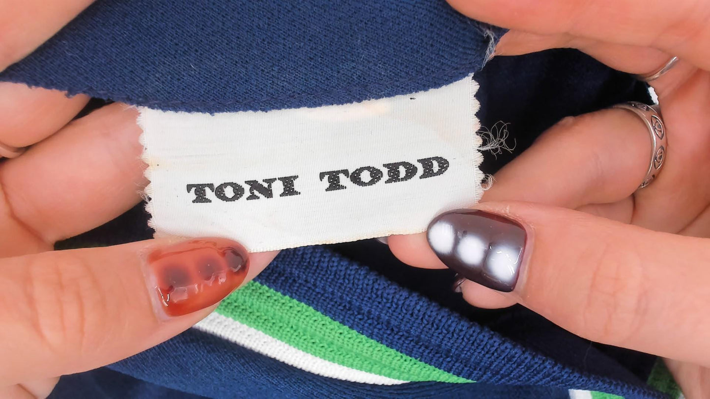 70s Toni Todd Navy Shift Dress Sleeveless V-Neck Striped Trim Small