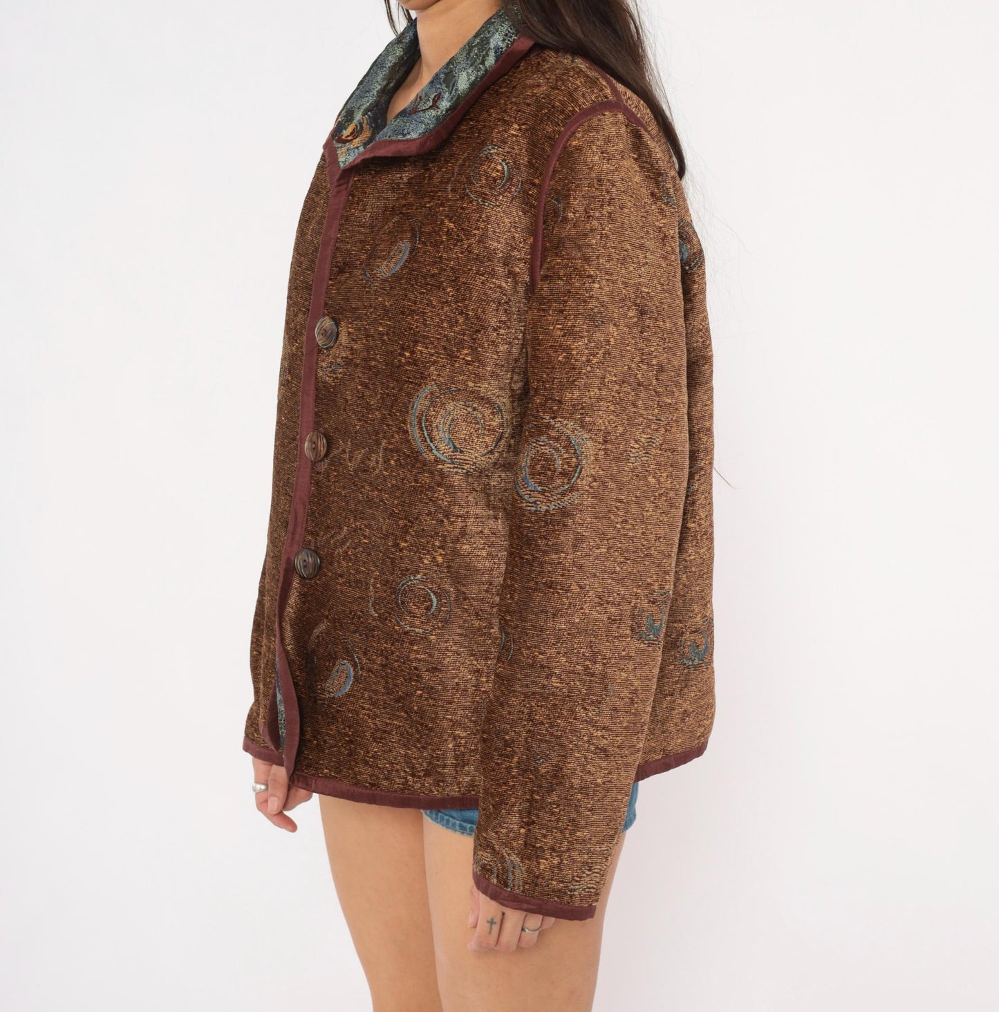 2000s Yak Magik Tapestry Blazer Woven Spiral Jacquard Blue Green Brown Extra Large XXL