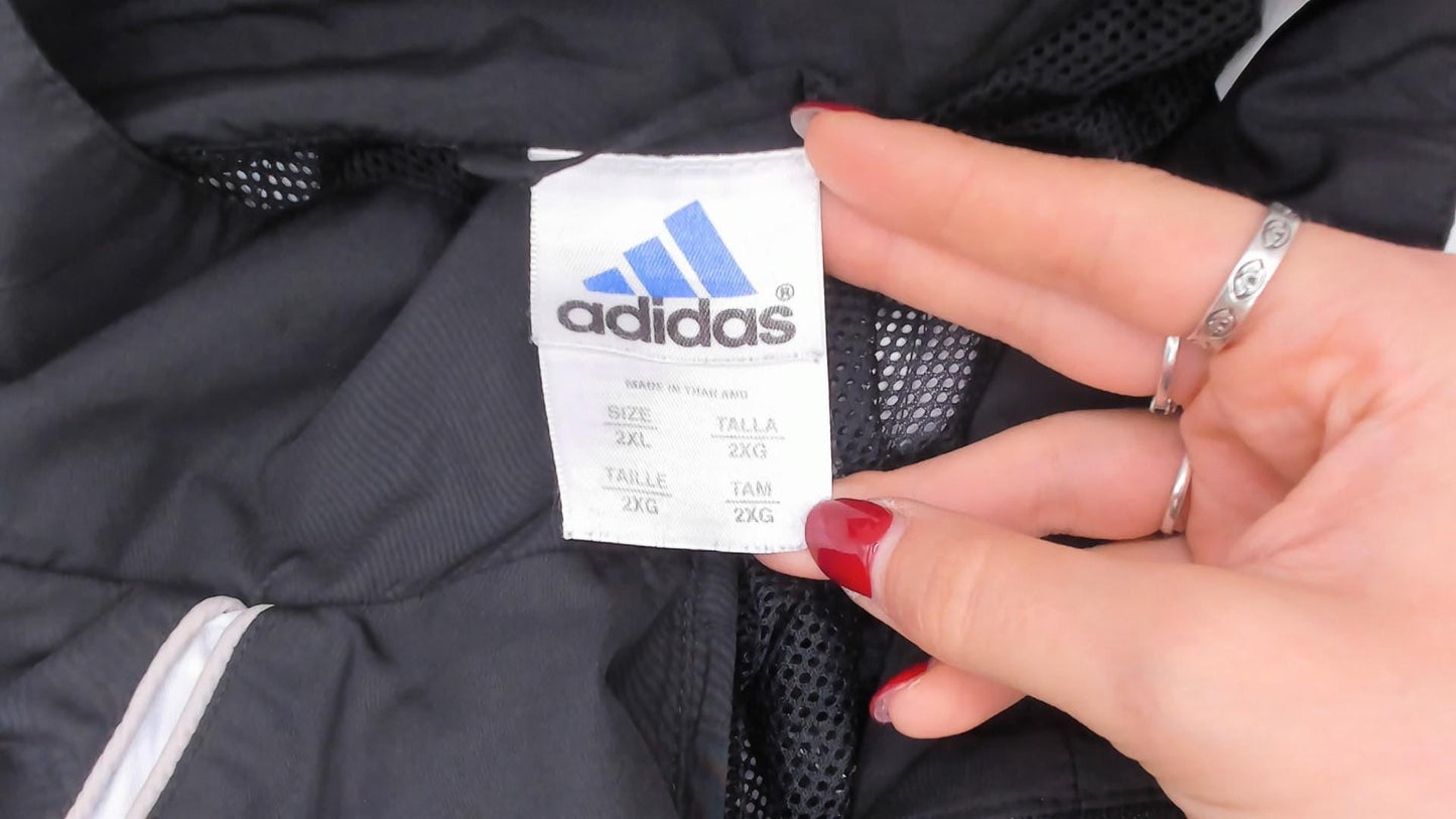 2000s Adidas Black Windbreaker White Stripe Raglan Jacket Plus Size XXL