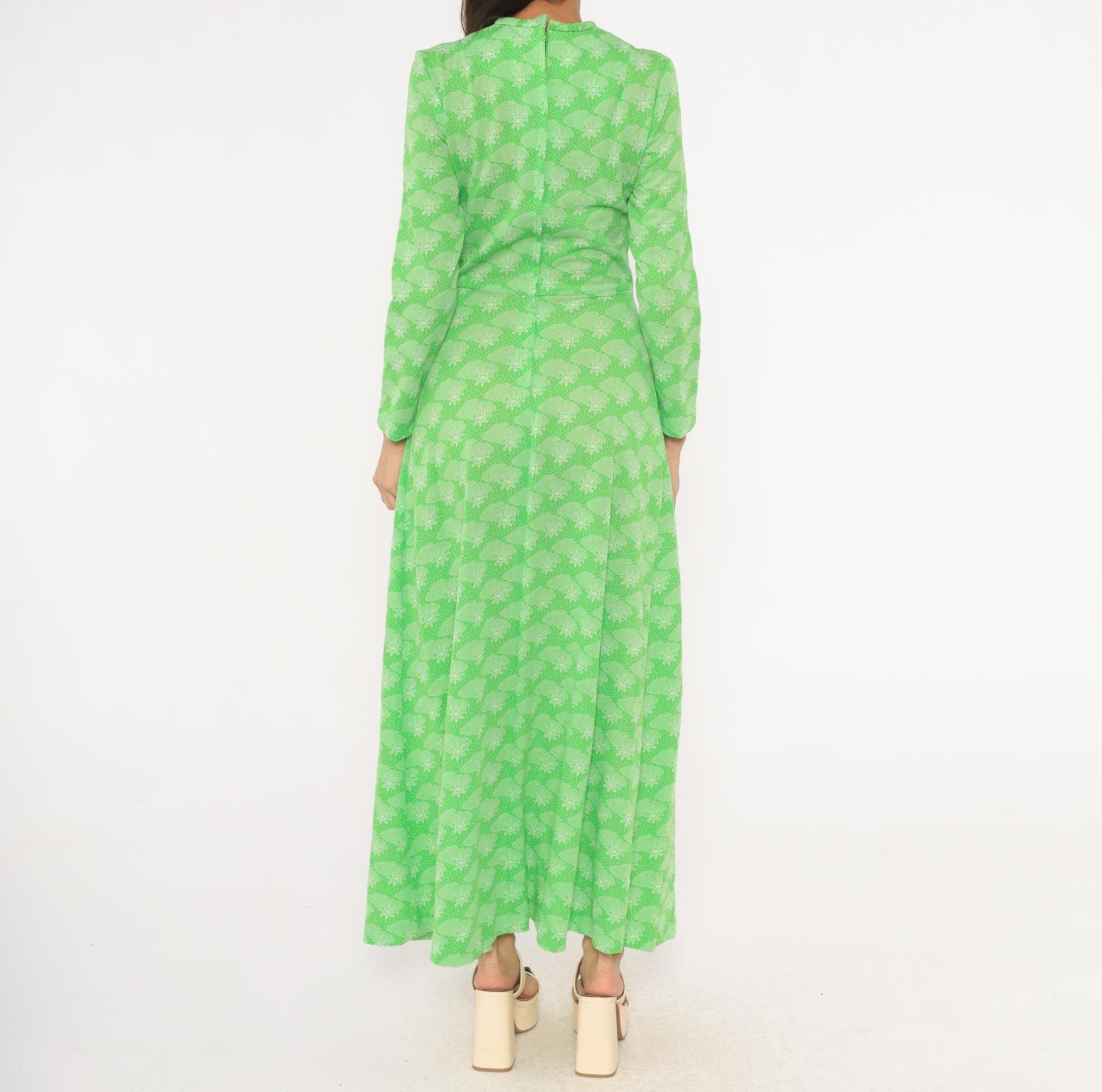70s Green Maxi Dress Sun Cloud Print Long Sleeve Knit Small