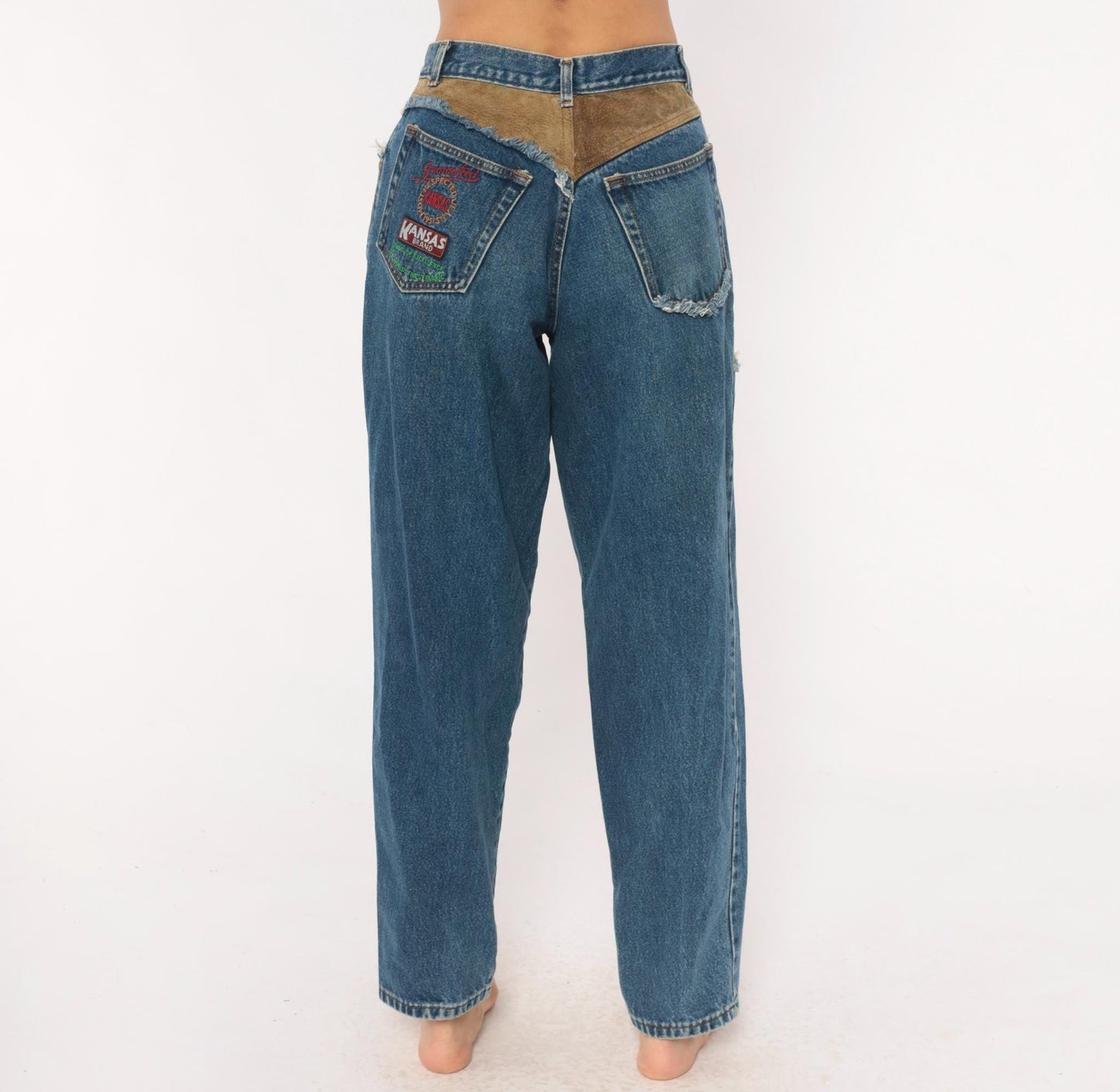 90s Kansas Brand Patchwork Denim Jeans High-Waisted Tapered Blue Suede Trim Small