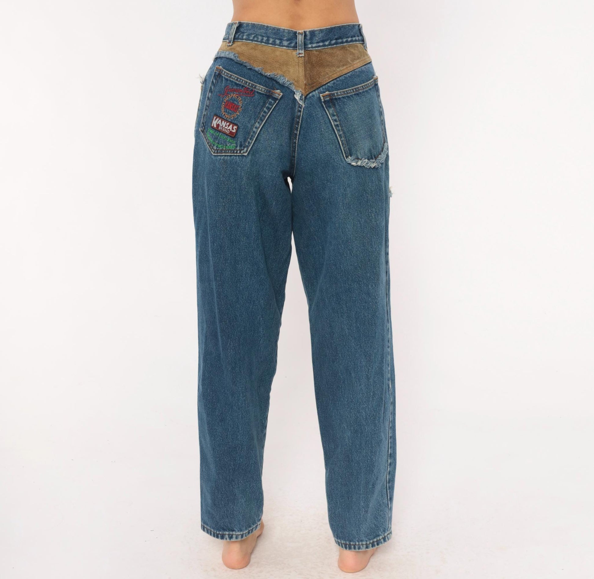 90s Kansas Brand Patchwork Denim Jeans High-Waisted Tapered Blue Suede Trim Small