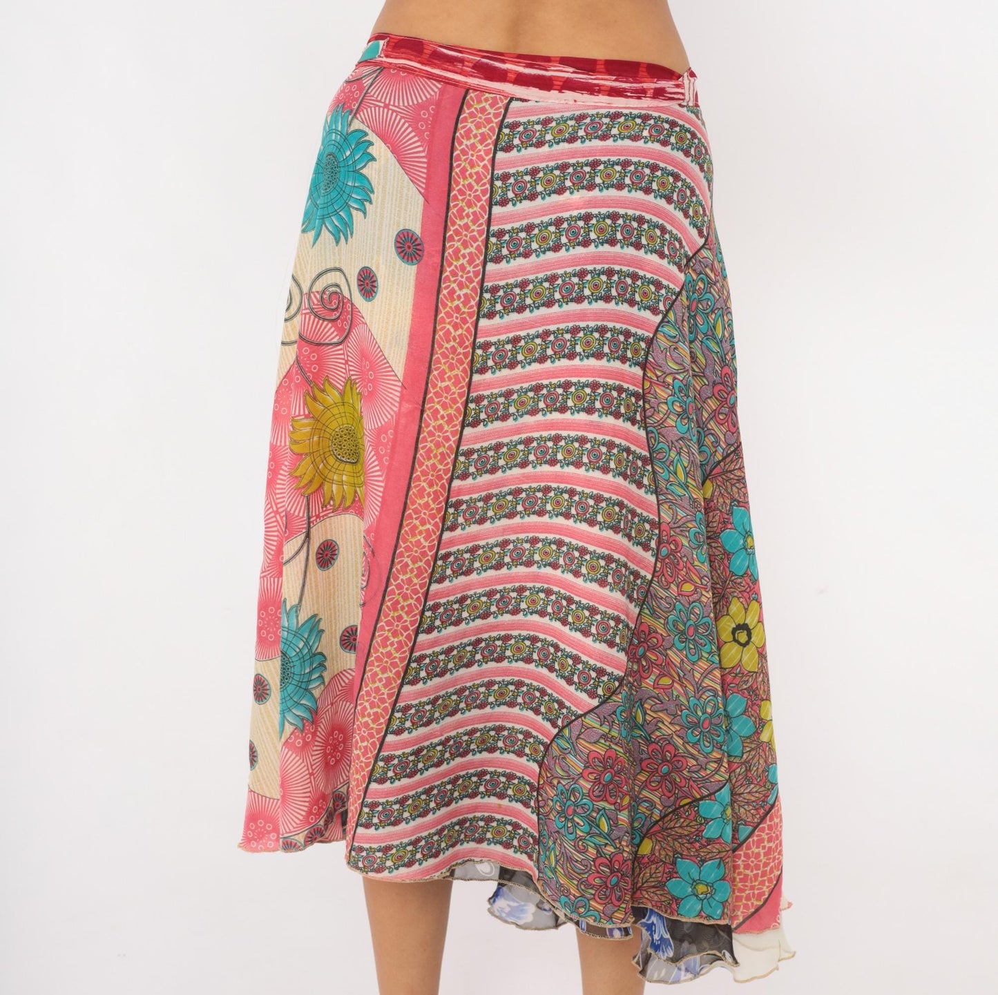 Y2K Kariza Reversible Wrap Midi Skirt Floral Patchwork Blue Pink Medium Large