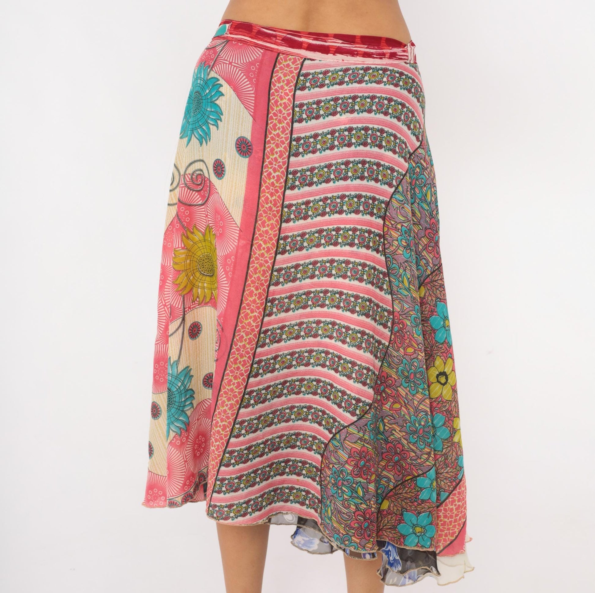 Y2K Kariza Reversible Wrap Midi Skirt Floral Patchwork Blue Pink Medium Large