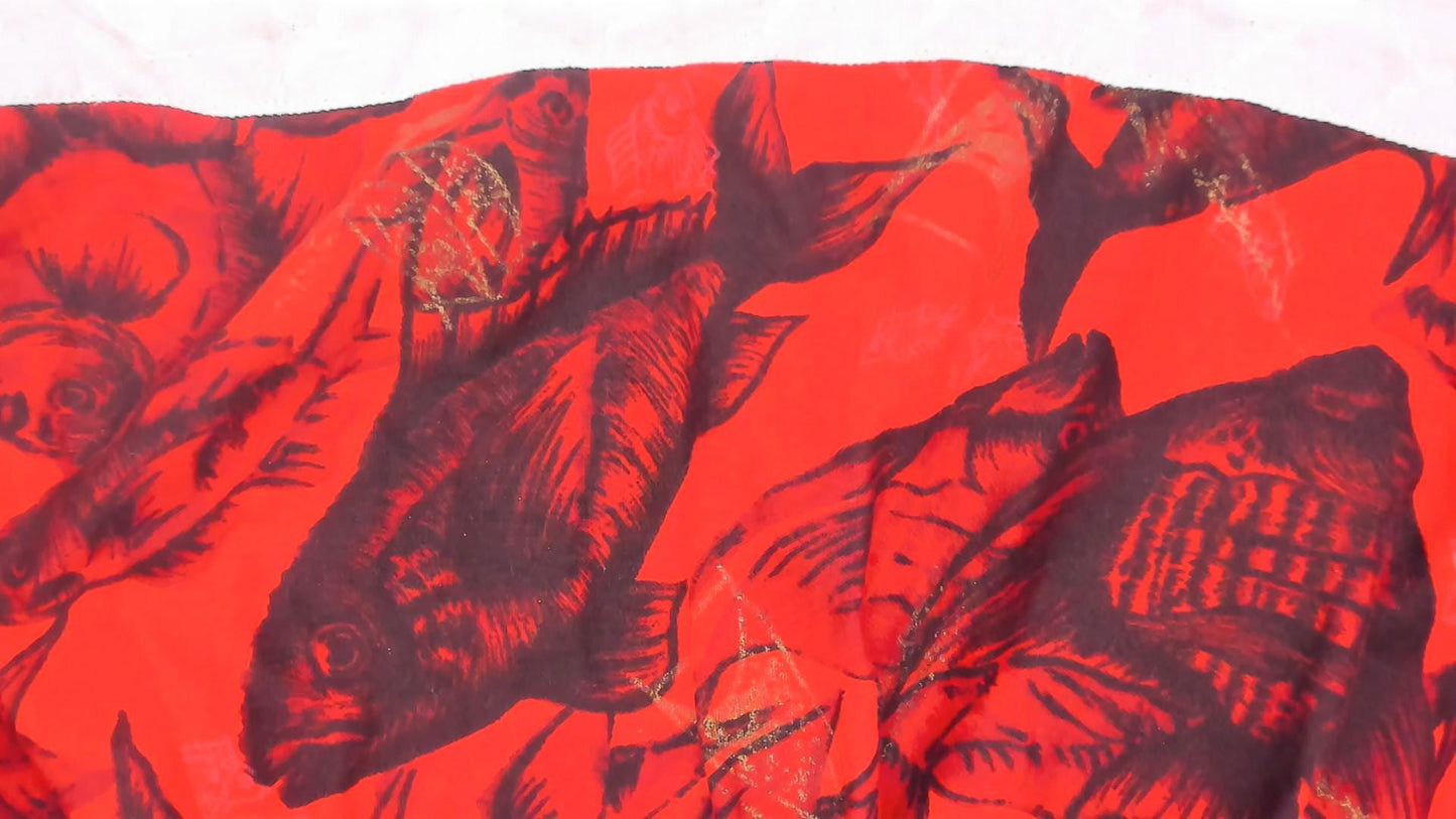 60s Fish Print Circle Skirt Red Black Eyelet Lace Cotton Extra Small