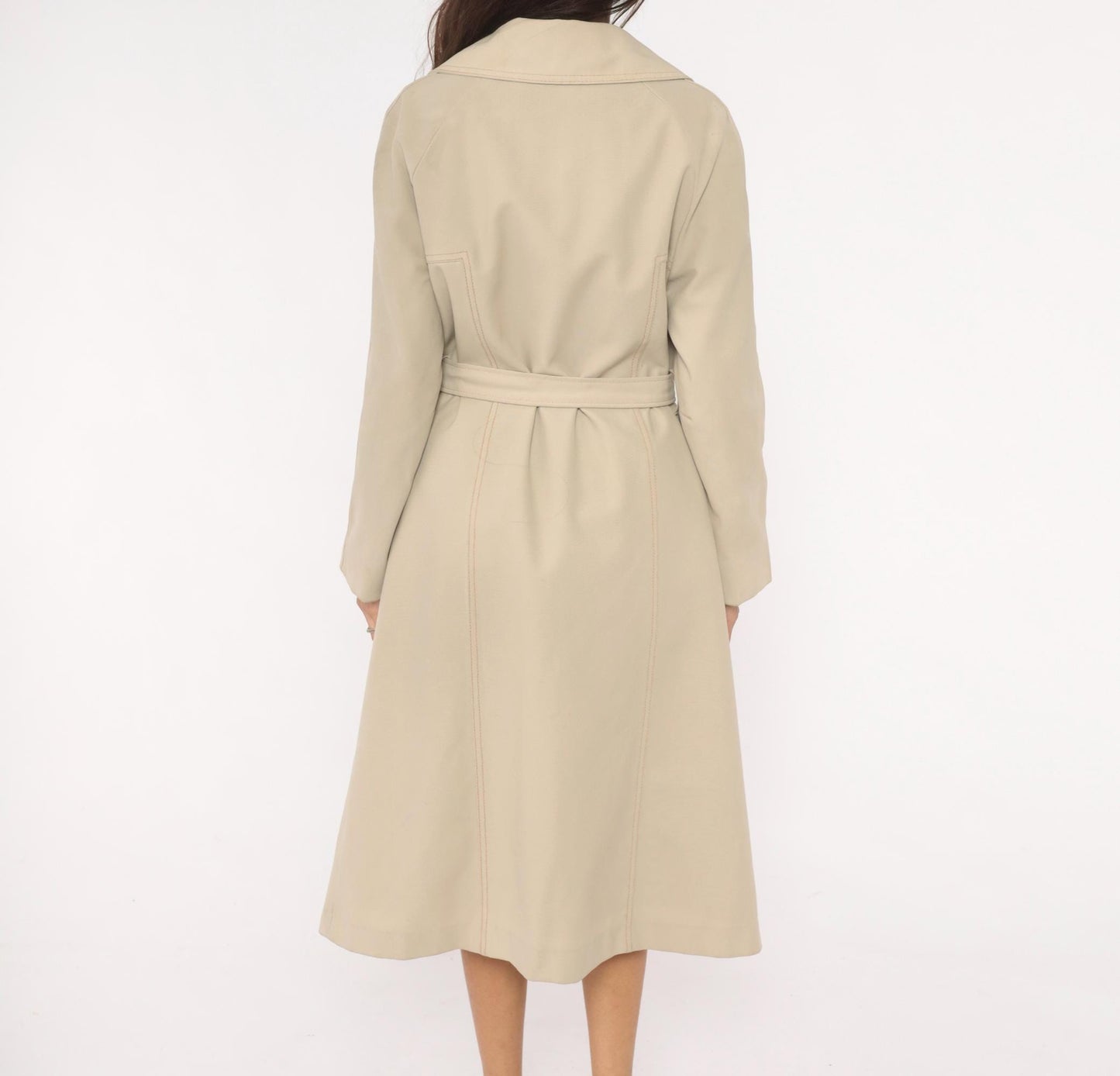80s Double Breasted Trench Coat Beige Mid-Calf Belted Jacket Medium