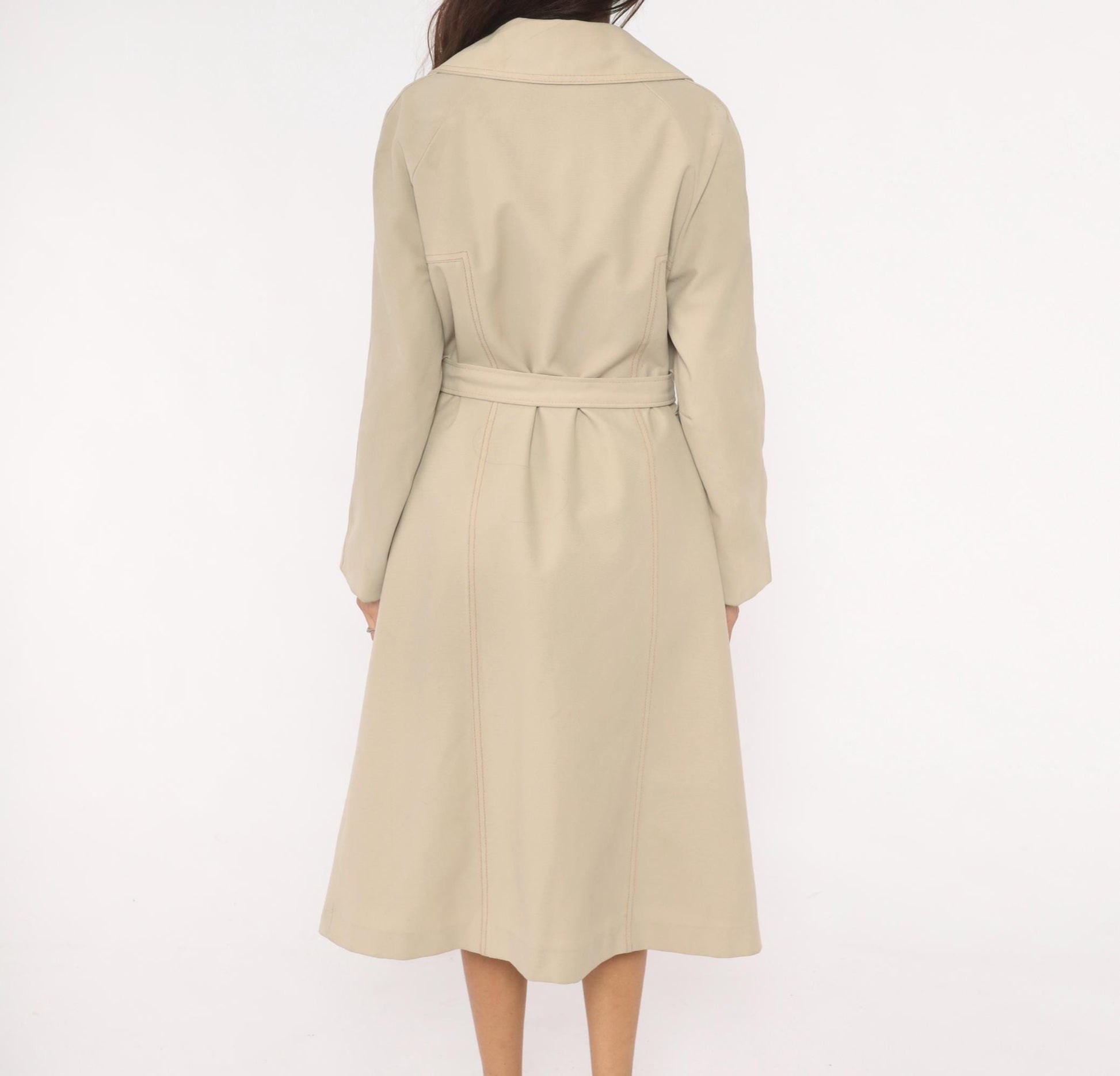 80s Double Breasted Trench Coat Beige Mid-Calf Belted Jacket Medium
