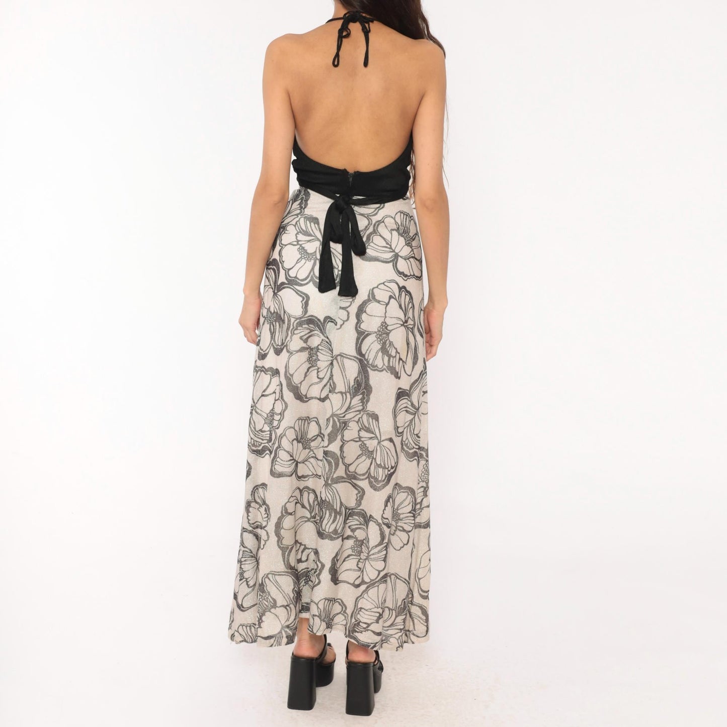 70s Mikey Jrs Crochet Halter Maxi Dress Black Grey Floral Metallic Open Back Extra Small XS