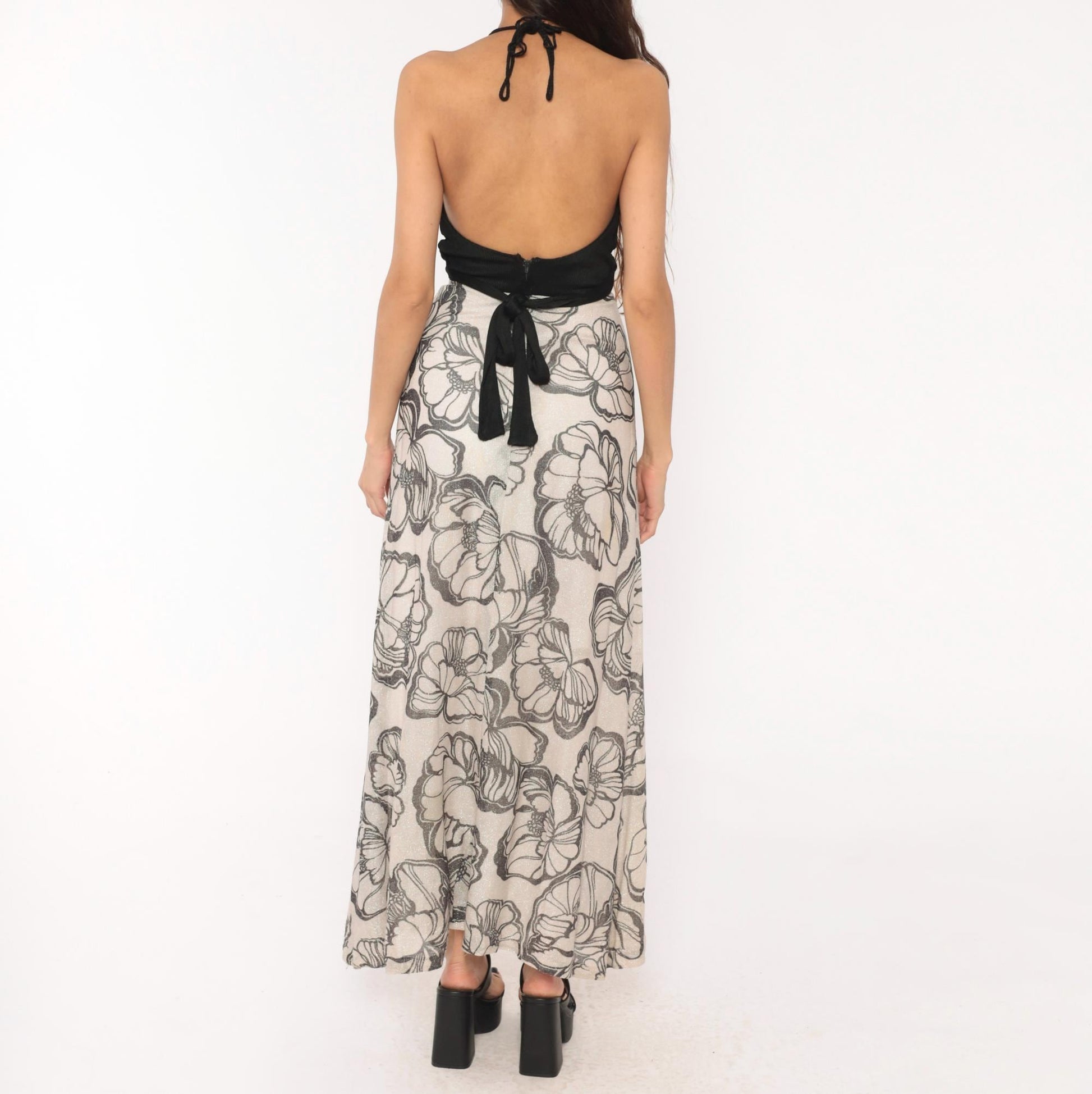 70s Mikey Jrs Crochet Halter Maxi Dress Black Grey Floral Metallic Open Back Extra Small XS