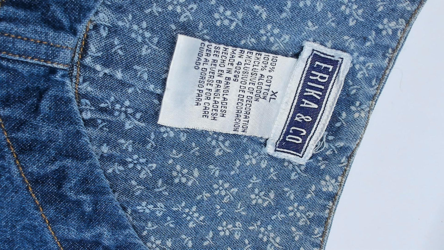 90s Erika & Co. Denim Shift Dress Embroidered Floral Cobalt Extra Large XXL