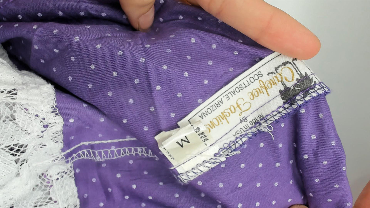 80s Purple Polka Dot Tiered Skirt Carefree Fashions Lace Trim Cotton Medium